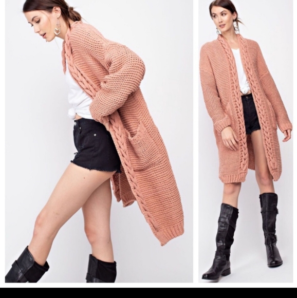 Tricia Relaxed Open Front Long Line Braided Knit Cardi Peach Sweater Sm-Md NWT - Picture 6 of 14